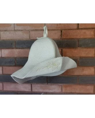 Sauna Hat- Flowers , 100% wool, white